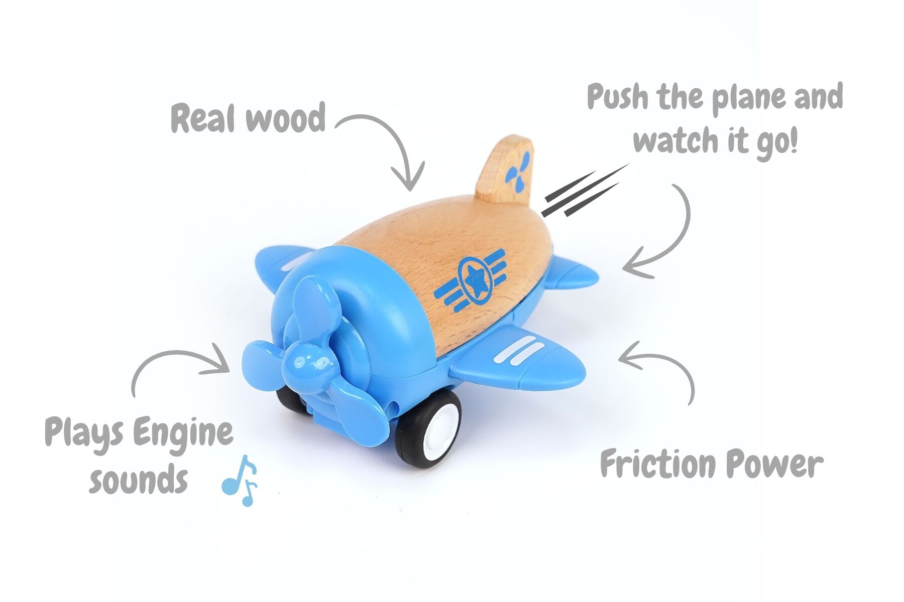 WOODEN RACER PLANE PROPELLOR WITH SOUND - BLUE - Bamboo Sprout