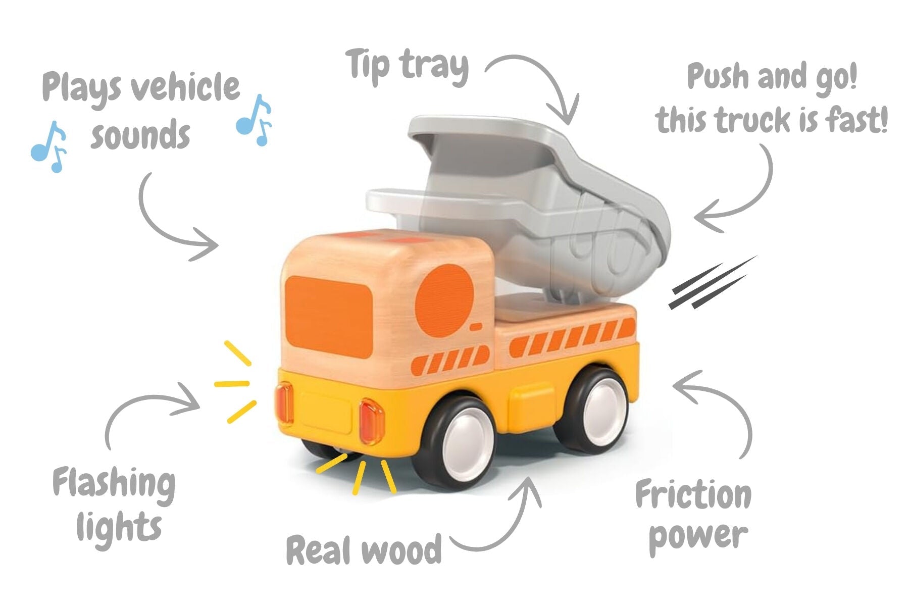 WOODEN FRICTION DUMP TRUCK WITH SOUND AND LIGHT - Bamboo Sprout