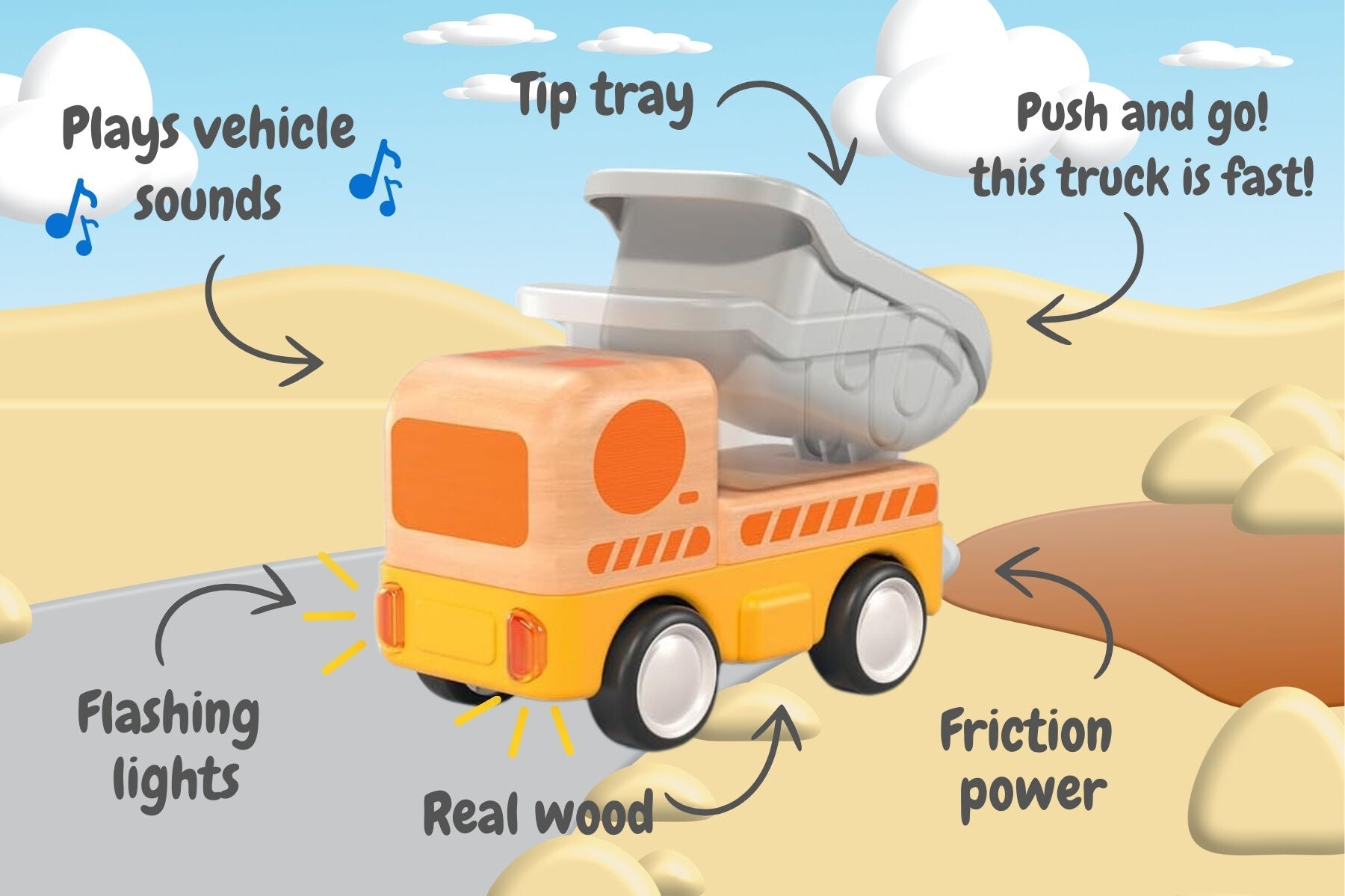 WOODEN FRICTION DUMP TRUCK WITH SOUND AND LIGHT - Bamboo Sprout