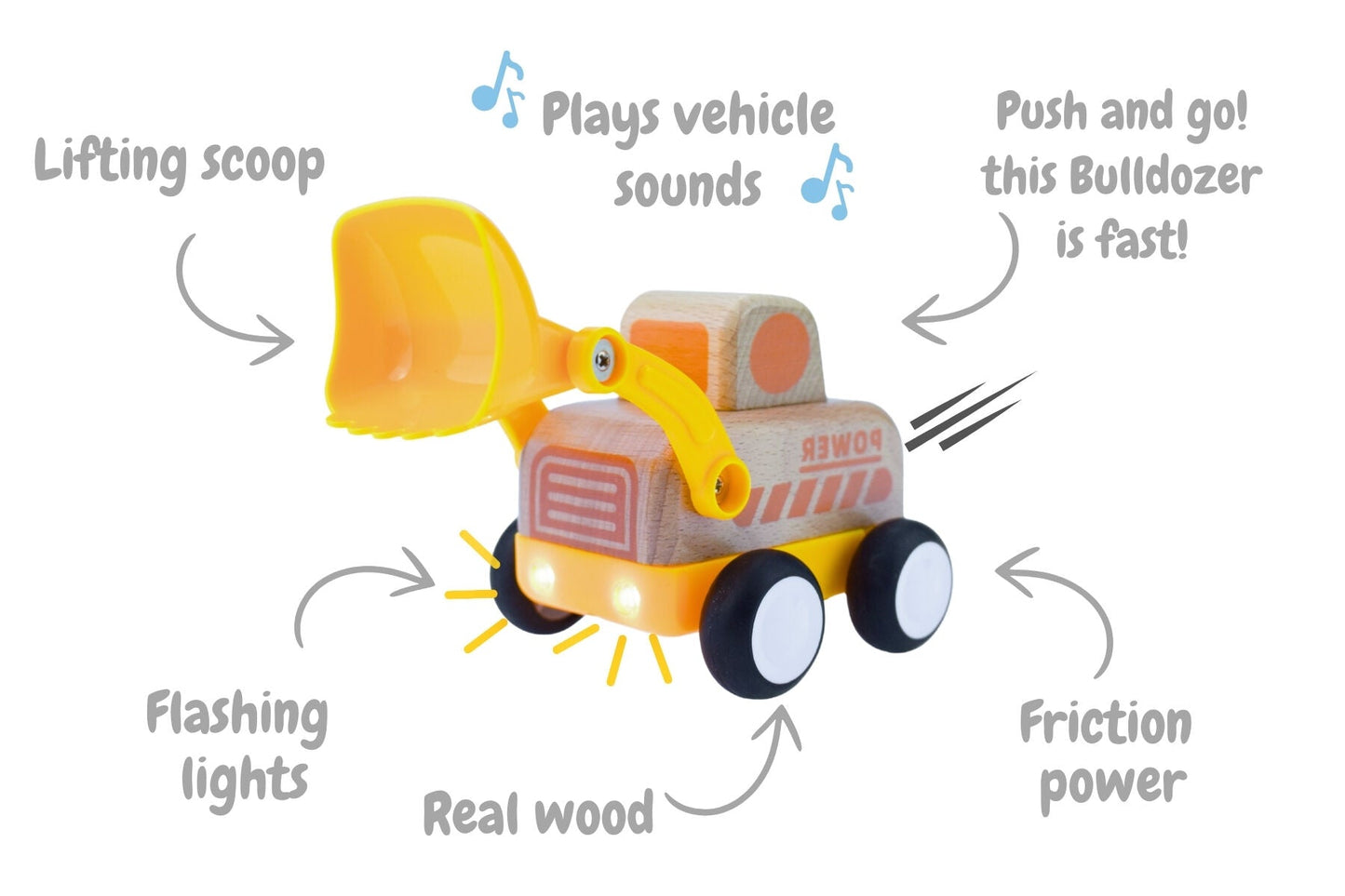 WOODEN FRICTION TRUCK BULLDOZER WITH SOUND AND LIGHT - Bamboo Sprout