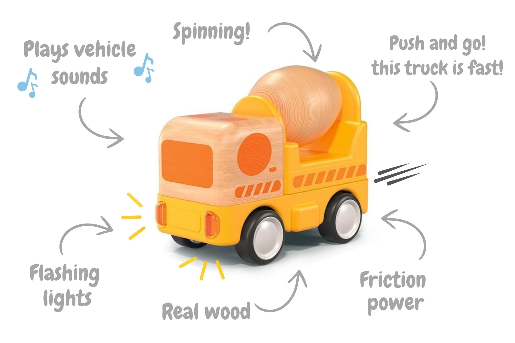 WOODEN FRICTION TRUCK CONCRETE MIXER WITH SOUND AND LIGHT - Bamboo Sprout