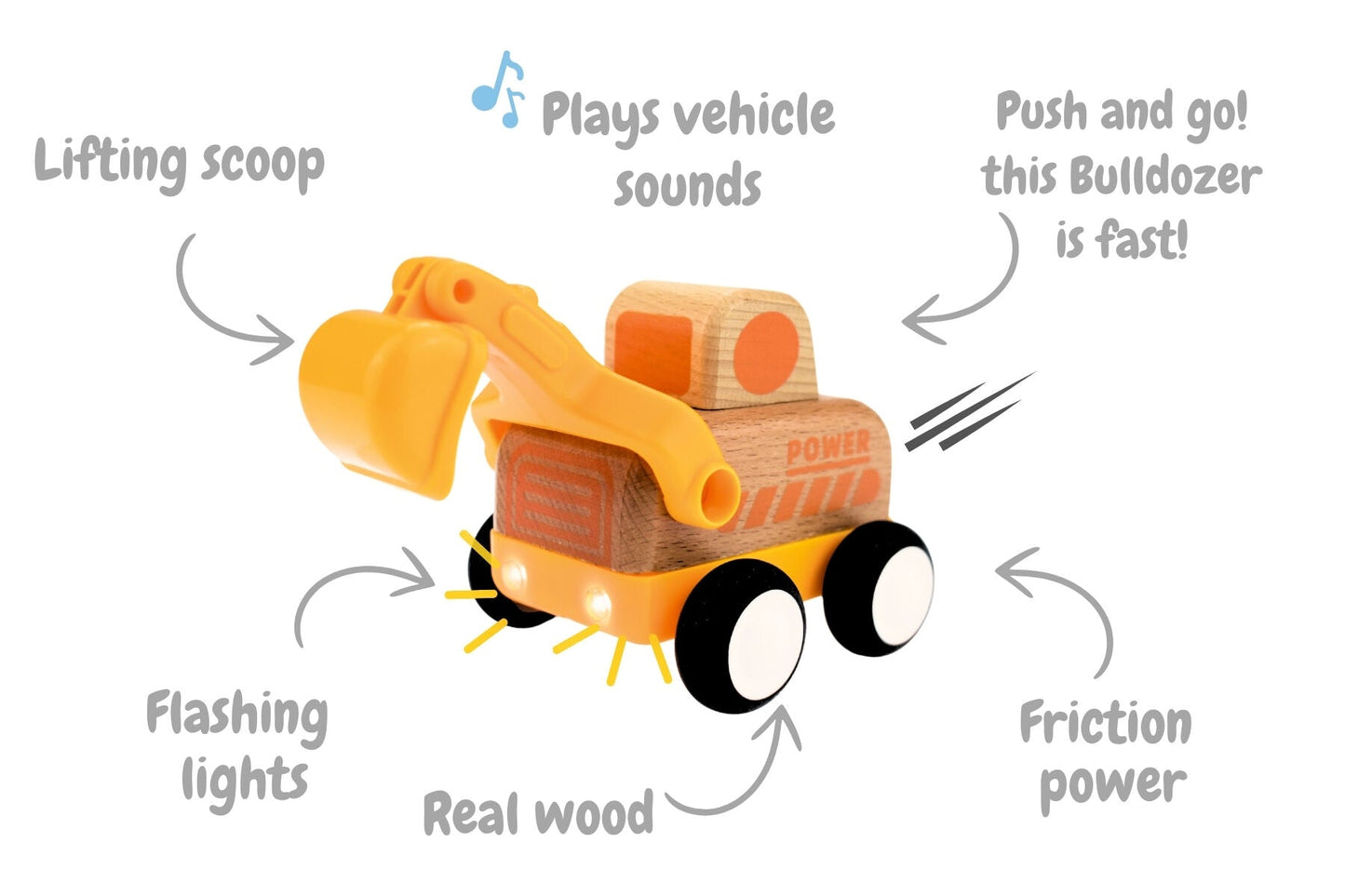 WOODEN FRICTION TRUCK DIGGER WITH SOUND AND LIGHT - Bamboo Sprout