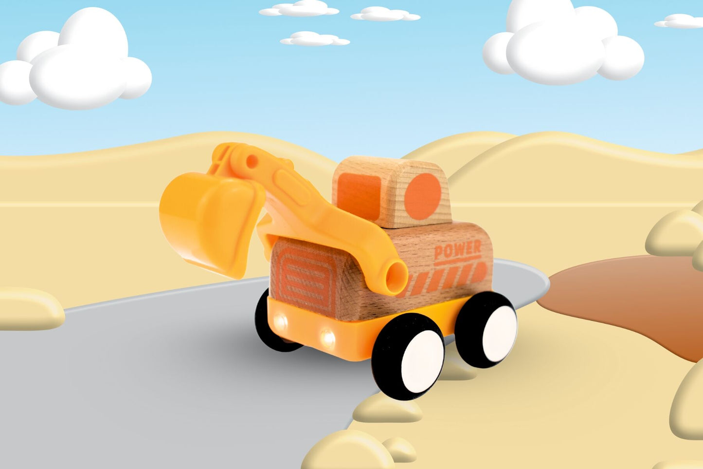 WOODEN FRICTION TRUCK DIGGER WITH SOUND AND LIGHT - Bamboo Sprout