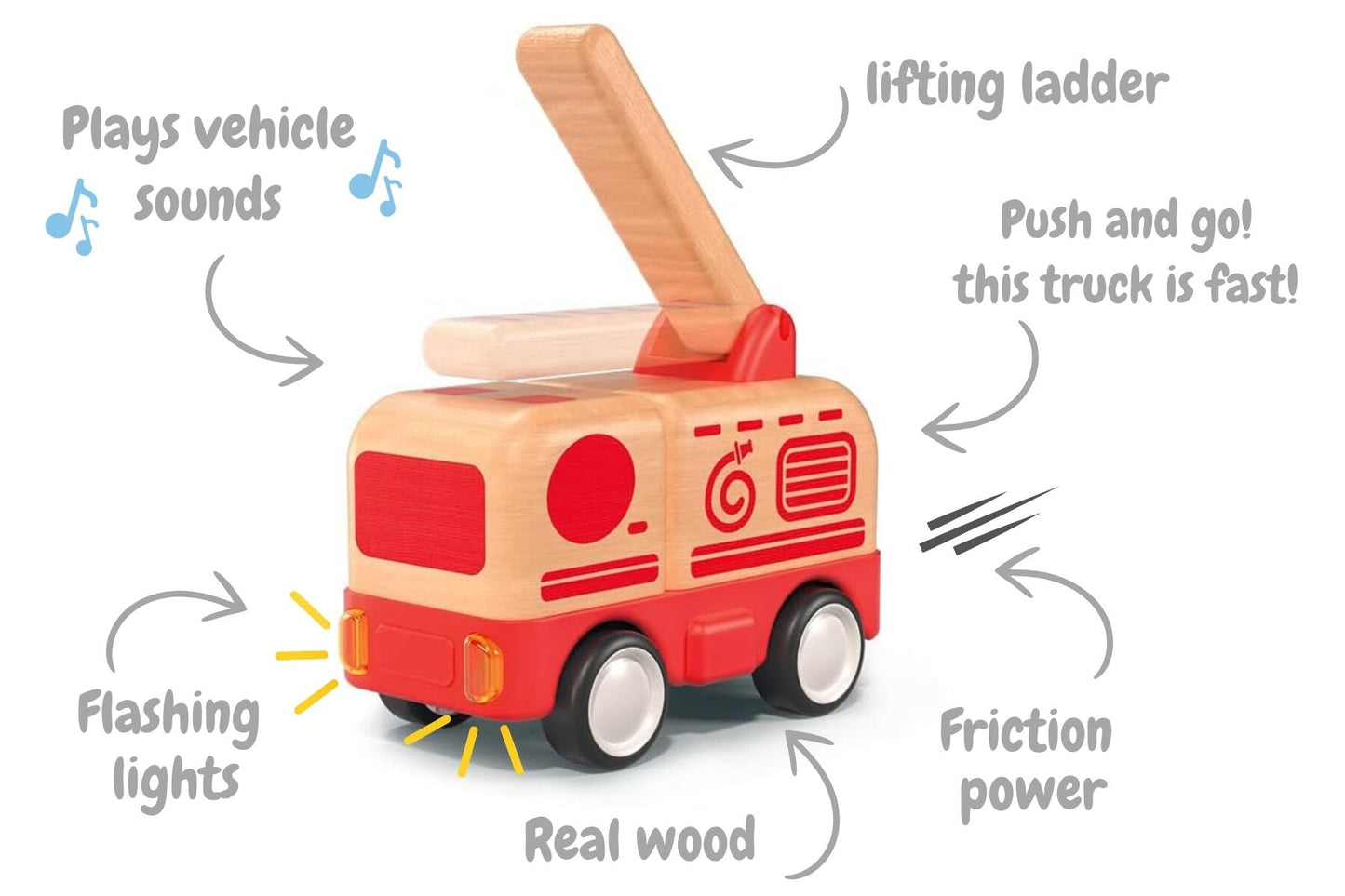 WOODEN FRICTION TRUCK FIRE ENGINE WITH SOUND AND LIGHT - Bamboo Sprout