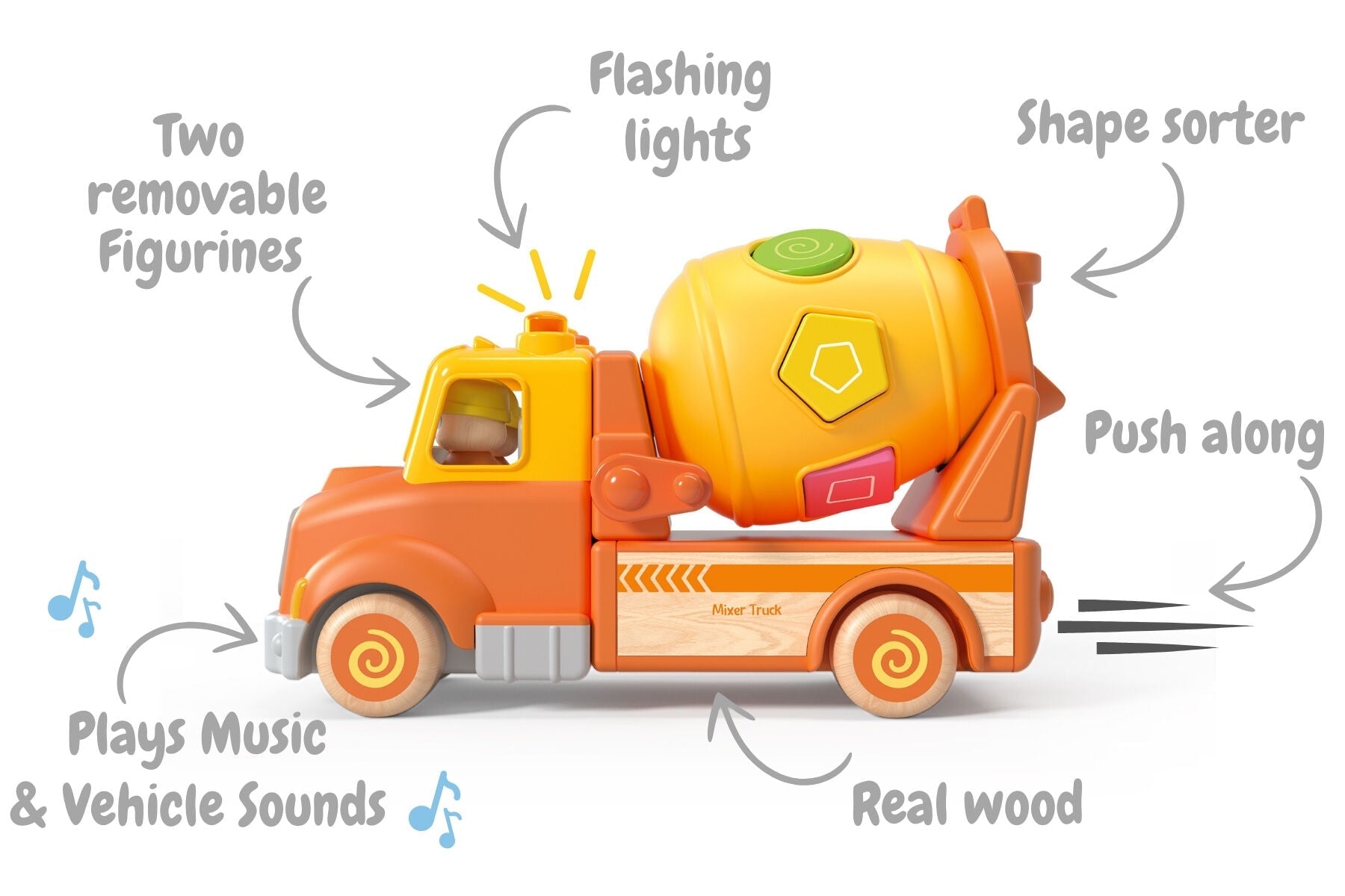 WOODEN MIXER TRUCK WITH BLOCKS SOUND AND LIGHT - Bamboo Sprout