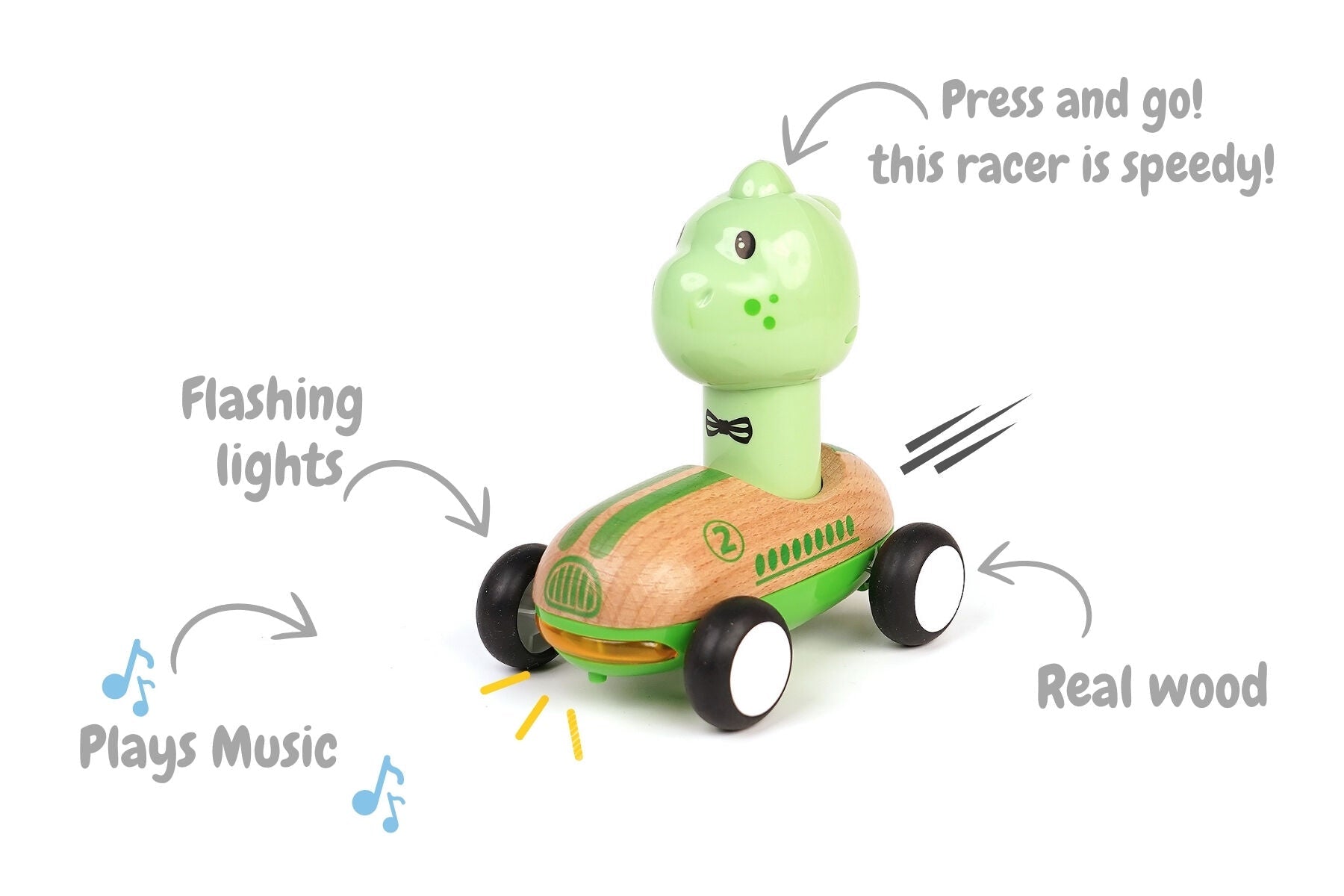 Wooden Press Go Racer Dinosaur toy from Wanborns with sound and light features, designed for interactive play and early learning.