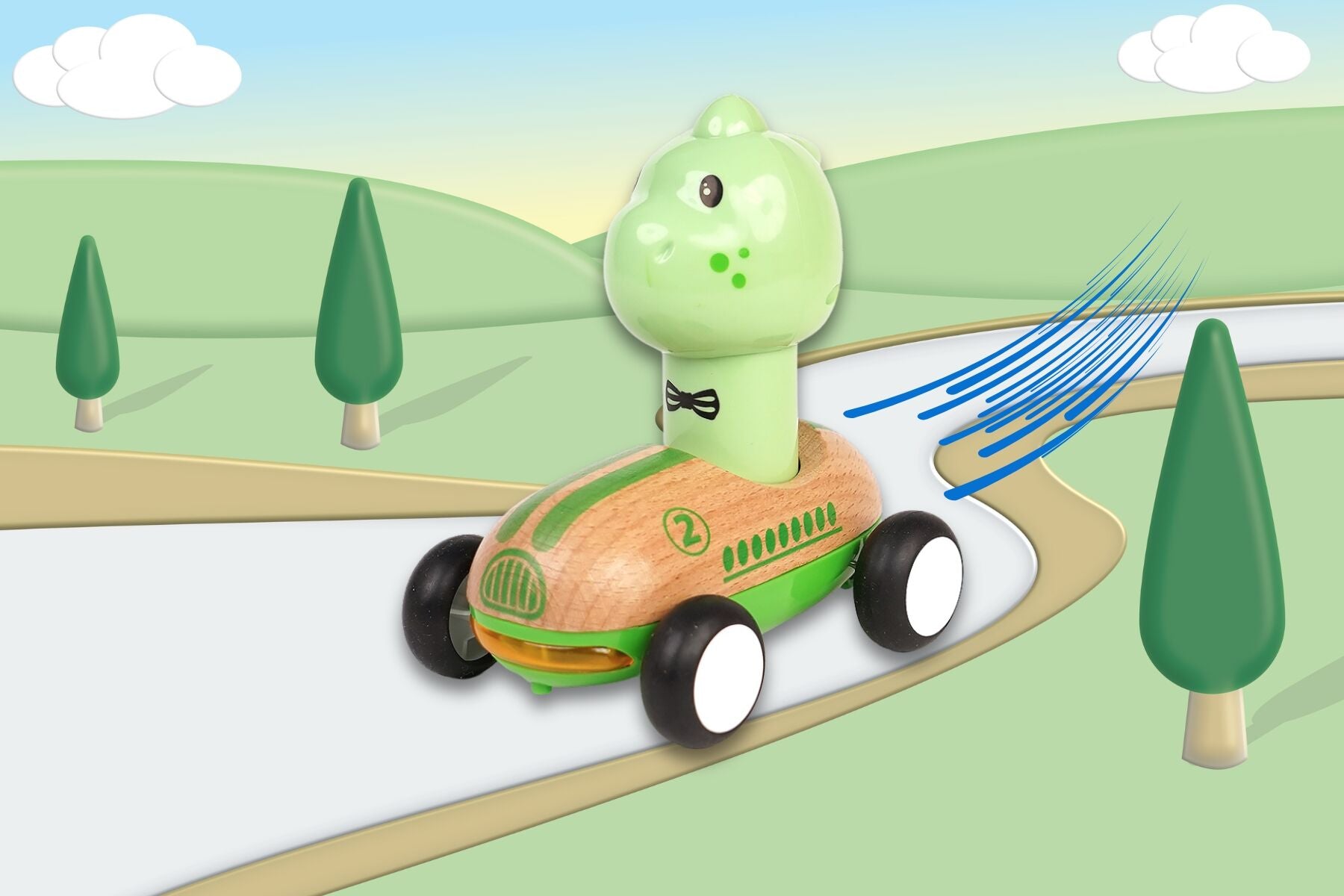 Wooden Press Go Racer Dinosaur toy with sound and light effects, featuring a colorful dinosaur design for children.