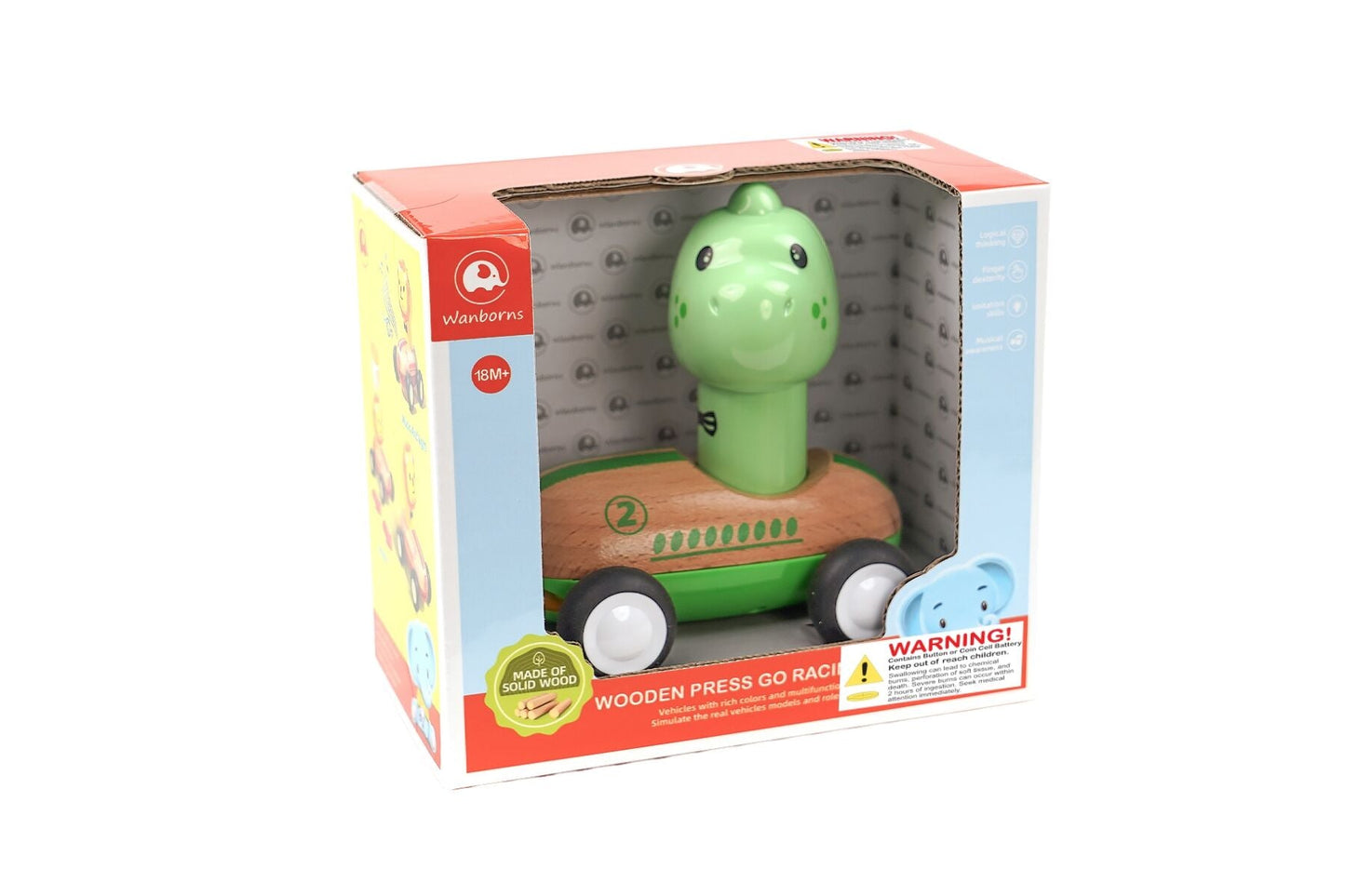 Wooden Press Go Racer Dinosaur toy with sound and light effects, designed for kids by Wanborns.