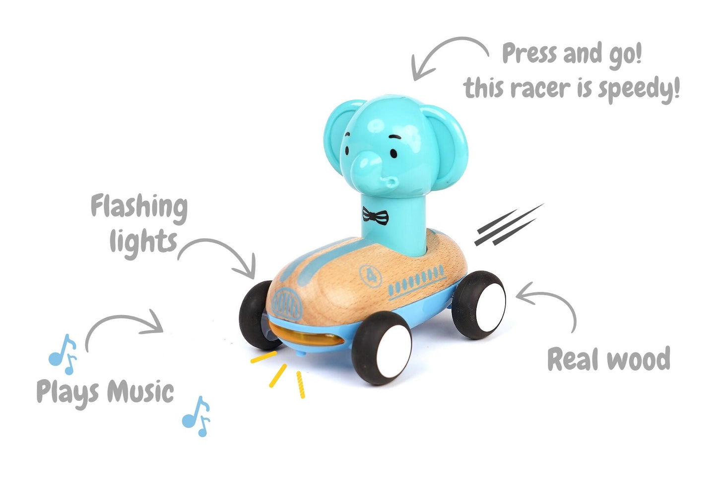 Wooden Press Go Racer Elephant by Wanborns with sound and light features, showcasing a colorful, interactive toy for young children.