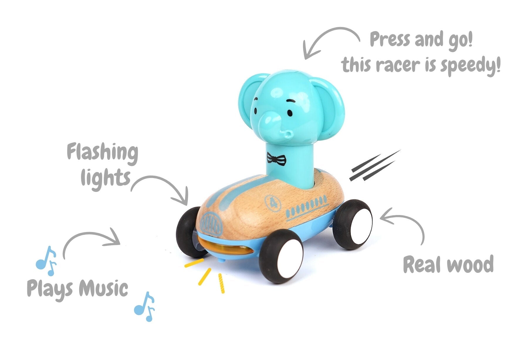 Wooden Press Go Racer Elephant by Wanborns with sound and light features, showcasing a colorful, interactive toy for young children.