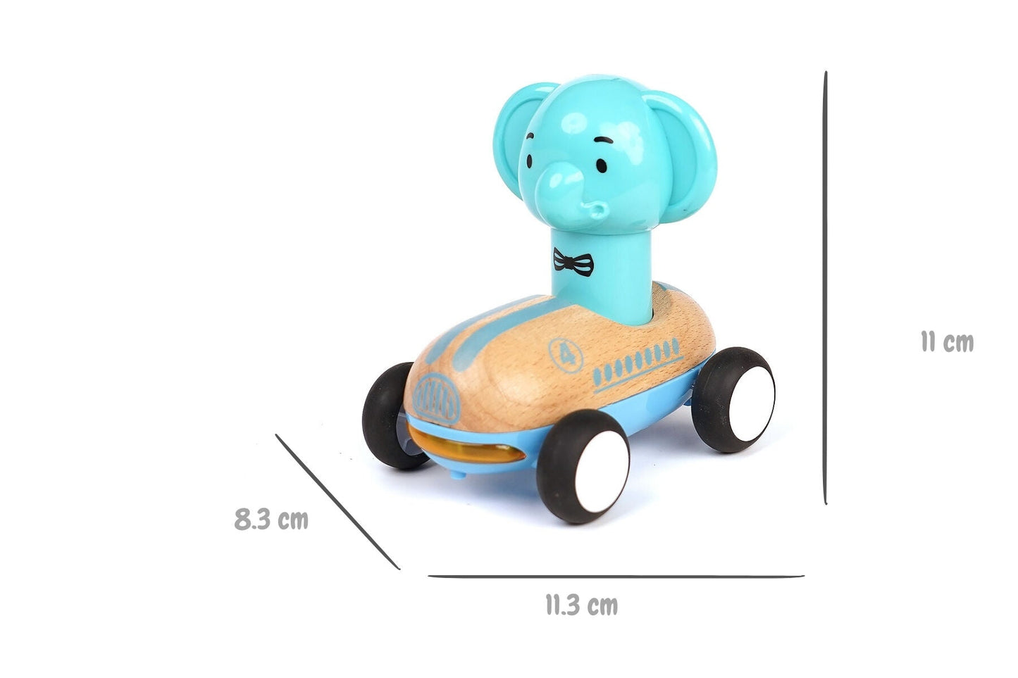 Wooden Press Go Racer Elephant toy by Wanborns with sound and light features, designed for early motor skills and fun play.