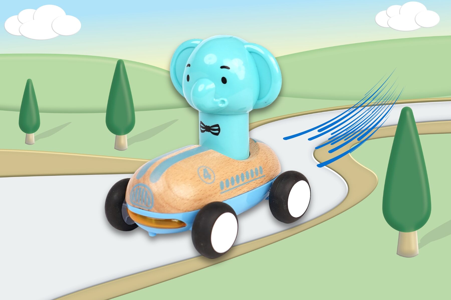 Wooden Press Go Racer Elephant toy by Wanborns with sound and light features, designed for interactive play and learning.