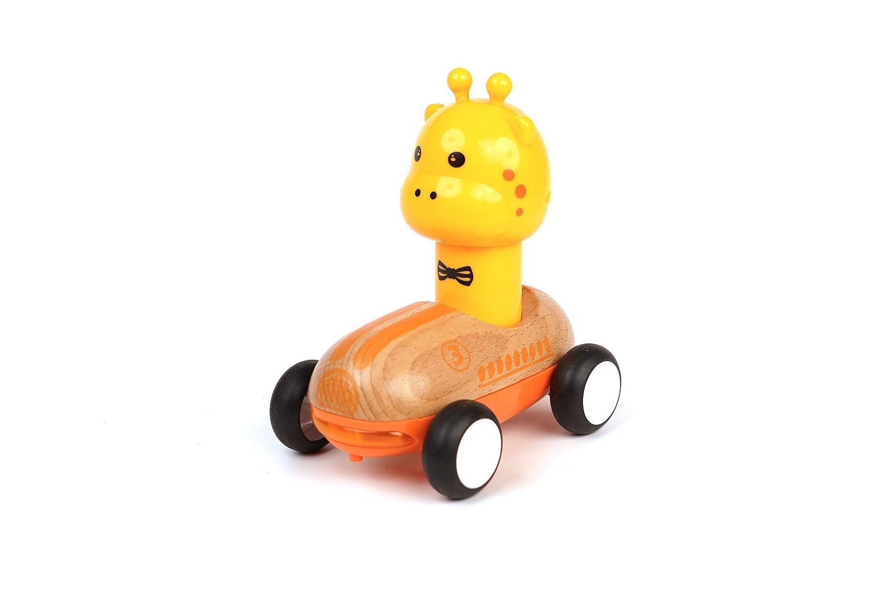Wooden Press Go Racer Giraffe by Wanborns with sound and light features, showcasing a colorful giraffe-shaped racing toy.
