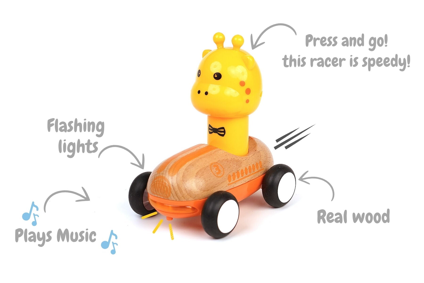 Wooden Press Go Racer Giraffe toy from Wanborns with sound and light features, designed for young children to press and race.