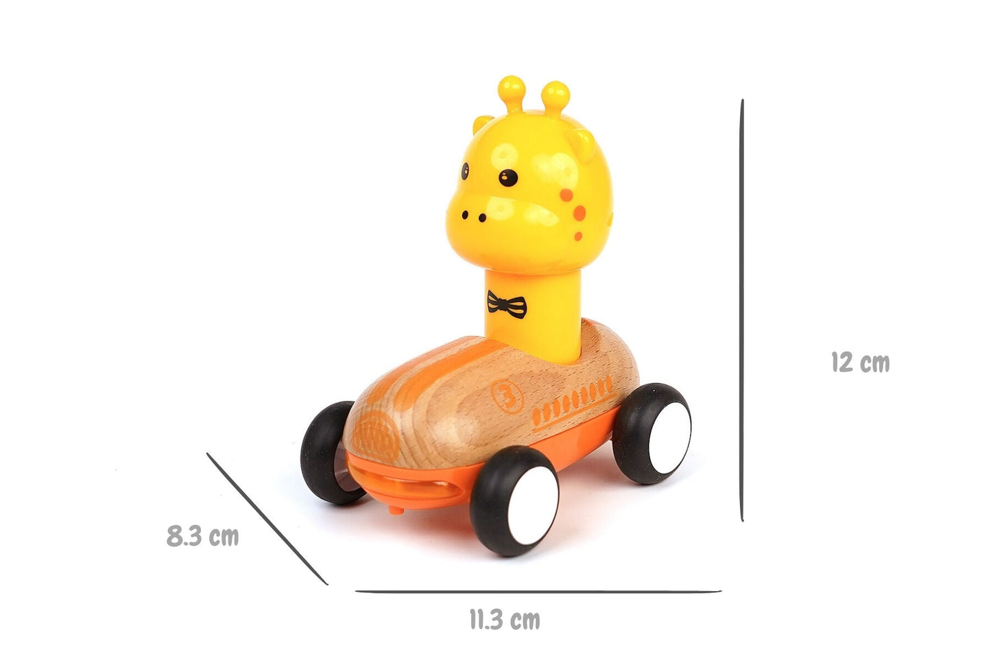 Wooden Press Go Racer Giraffe toy by Wanborns with sound and light features, showcasing a colorful giraffe design for children.