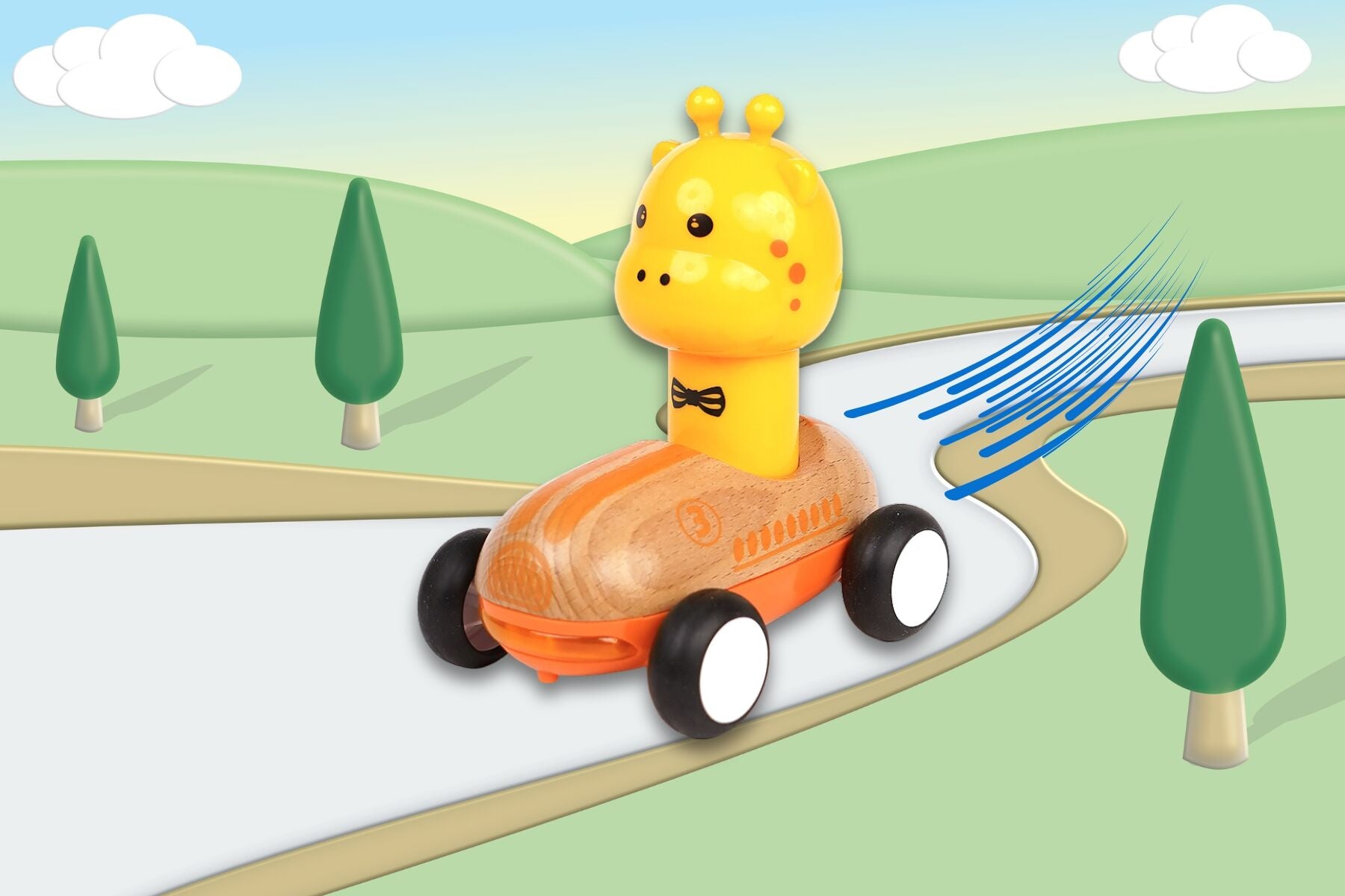 Wanborns Press Go Racer Giraffe wooden toy with sound and light features, designed for interactive play and learning.