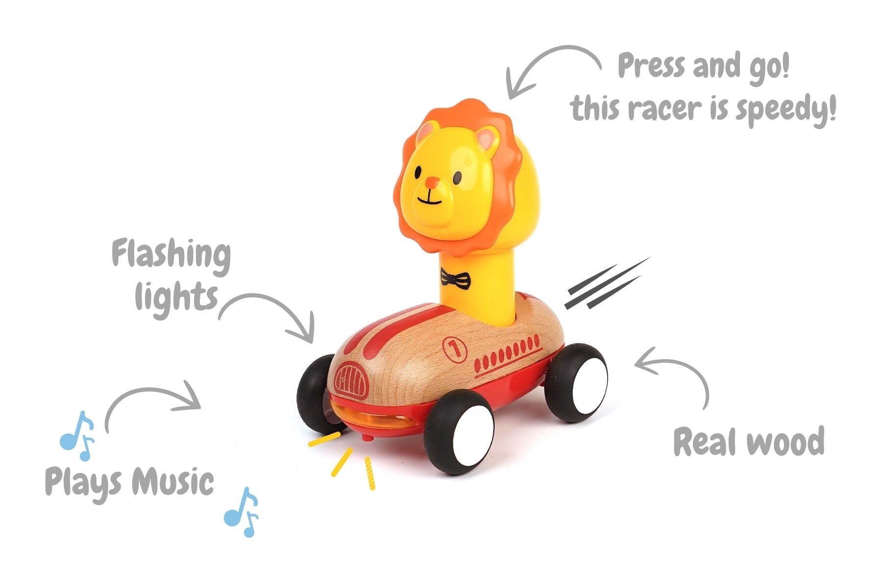 WOODEN PRESS GO RACER LION WITH SOUND AND LIGHT - Bamboo Sprout