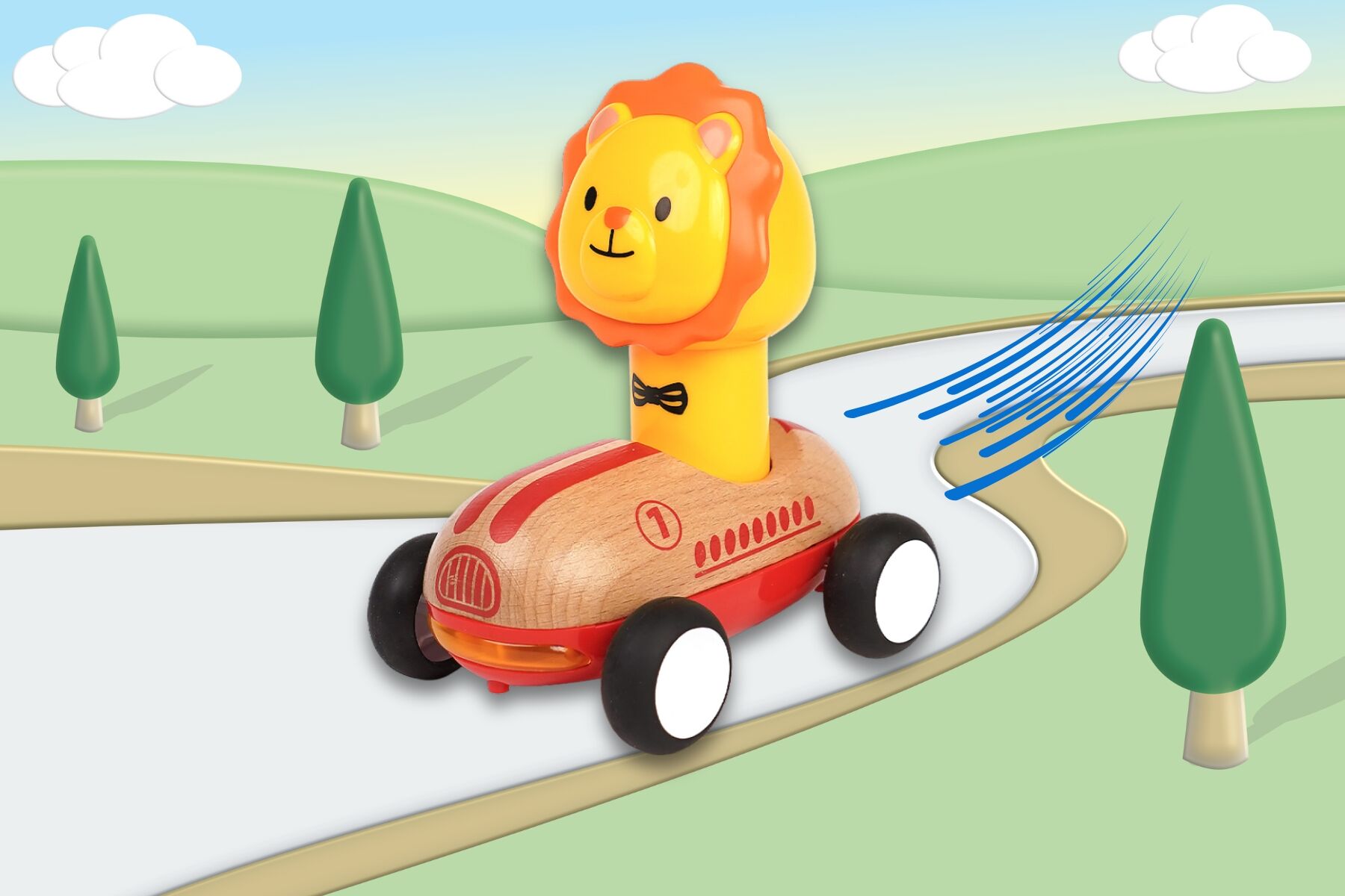 WOODEN PRESS GO RACER LION WITH SOUND AND LIGHT - Bamboo Sprout