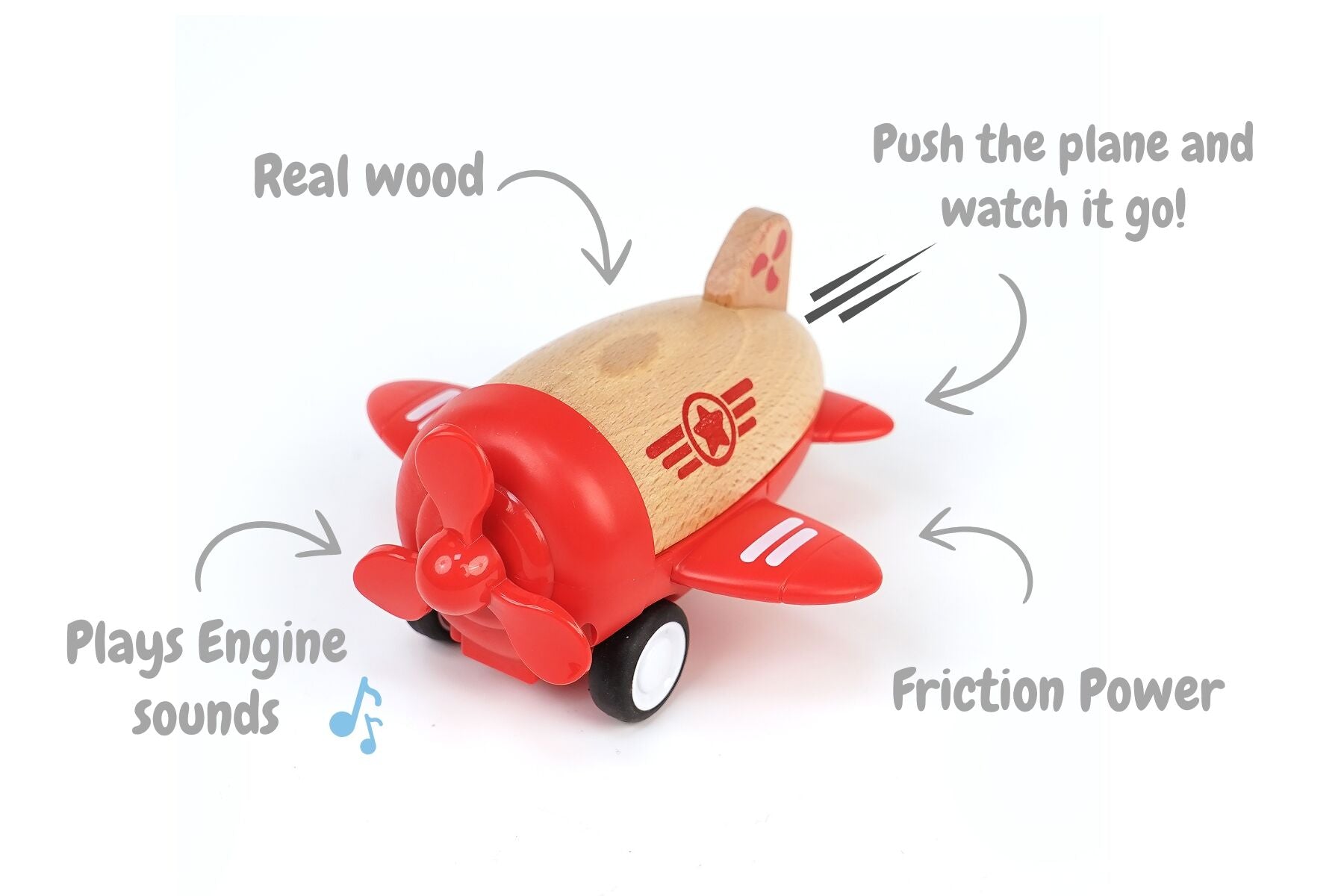 WOODEN RACER PLANE PROPELLOR WITH SOUND - RED - Bamboo Sprout
