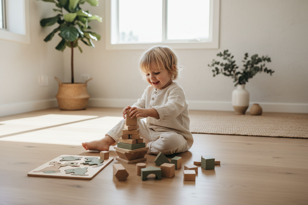 Child playing with wooden blocks on a wooden floor in a bright room with plants.